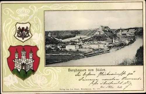 Präge Passepartout Wappen Ak Burghausen im Kreis Altötting Oberbayern, Panorama vom Ort, Südseite