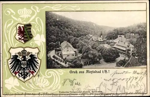 Präge Passepartout Wappen Ak Alexisbad Harzgerode am Harz, Totalansicht vom Ort, Vogelschau, Wald