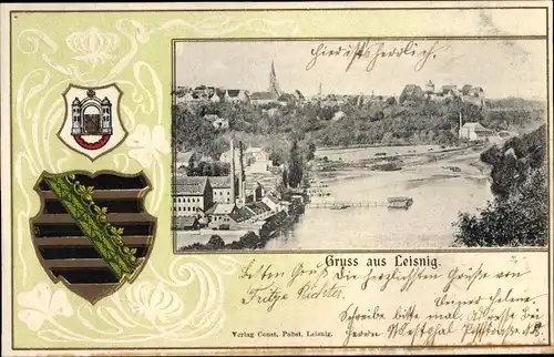 Präge Passepartout Wappen Ak Leisnig an der Freiberger Mulde Sachsen, Panorama vom Ort, Flusspartie
