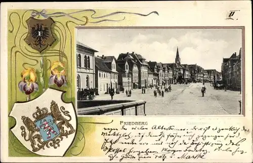 Präge Passepartout Wappen Ak Friedberg in Hessen, Kaiserstraße, Blick v. d. Burg, Kirche, Fußgänger