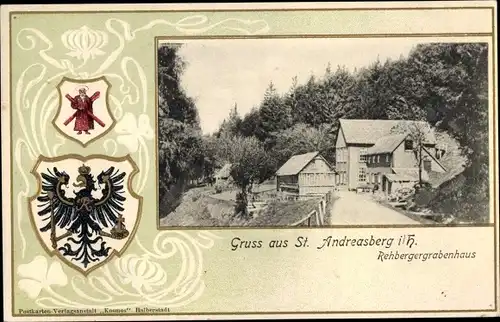 Präge Passepartout Wappen Ak St. Andreasberg Braunlage im Harz, Rehbergergrabenhaus, Außenansicht