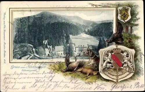 Präge Passepartout Wappen Ak Allerheiligen Oppenau im Ortenaukreis, Panorama vom Ort, Wald, Hügel