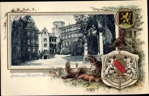 Präge Passepartout Wappen Ak Heidelberg am Neckar, Partie im Schlosshof, Säulenbogen
