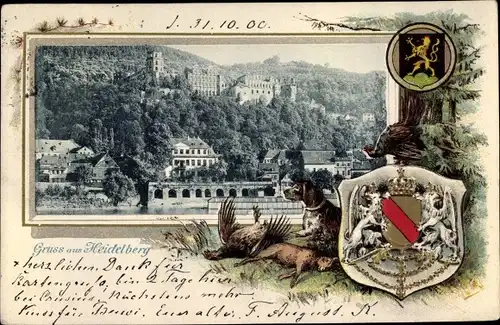 Präge Passepartout Wappen Ak Heidelberg am Neckar, Schloss, Gesamtansicht, Flusspartie, Wald, Häuser