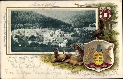 Präge Passepartout Wappen Ak Bad Herrenalb im Schwarzwald, Talpanorama vom Ort, Wald