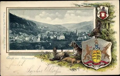 Präge Passepartout Wappen Ak Bad Herrenalb im Schwarzwald, Totalansicht vom Ort, Kirche, Hügel