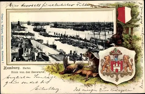 Präge Passepartout Wappen Ak Hamburg, Hafen, Vogelschau v. d. Seewarte
