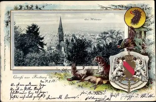 Präge Passepartout Wappen Ak Freiburg im Breisgau Baden Württemberg, Münster, Talblick auf die Stadt