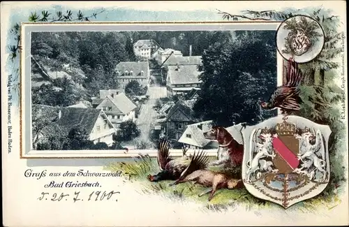 Präge Passepartout Wappen Ak Bad Griesbach im Schwarzwald, Totalansicht vom Ort, Vogelschau, Straße