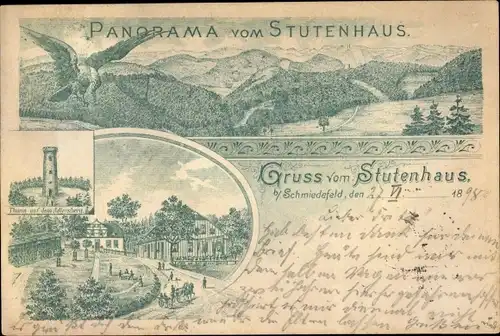Litho Schmiedefeld am Rennsteig Thüringen, Hügelpanorama vom Stufenhaus, Aussichtsturm Adlersberg