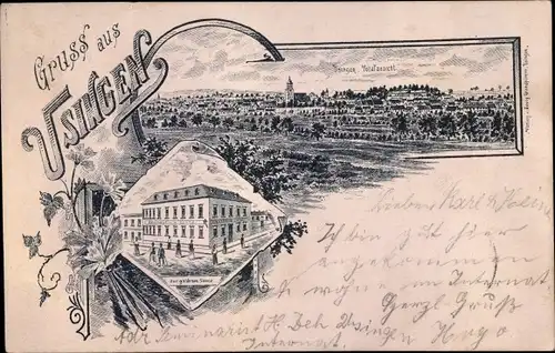 Litho Usingen im Taunus Hessen, Totalansicht vom Ort, Gasthaus zur goldenen Sonne