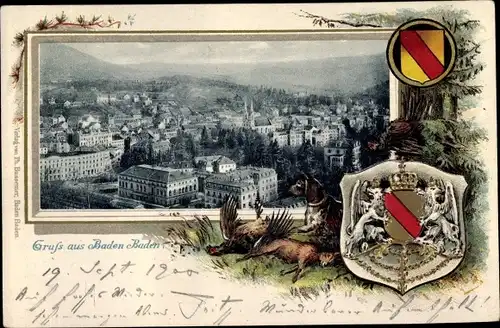 Präge Passepartout Wappen Ak Baden Baden am Schwarzwald, Totalansicht der Stadt, Vogelschau