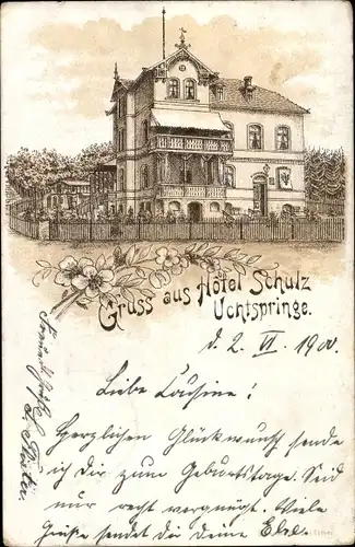 Litho Uchtspringe Stendal in Sachsen Anhalt, Hôtel Schulz, Totalansicht, Vorderseite, Veranda