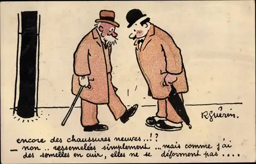 Künstler Ak Guerin, R., Zwei Männer in Hüten, Schirm, Schuh