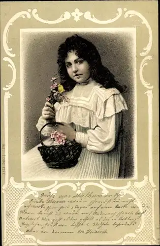 Präge Litho Junges Mädchen, Portrait, Korb