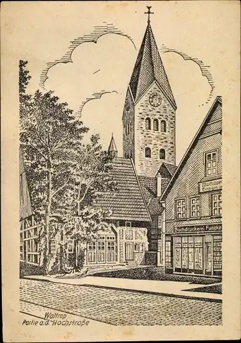 Künstler Ak Waltrop im Ruhrgebiet, Partie an der Hochstraße, Kirche, Buchdruckerei Funcke