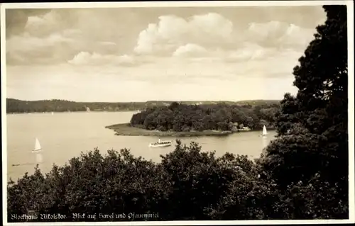 Ak Berlin Zehlendorf Wannsee, Blockhaus Nikolskoe, Havel, Pfaueninsel