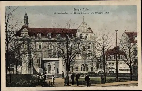 Ak Essen im Ruhrgebiet, Limbecker Platz mit Krupp Denkmal und Krupp's Hotel