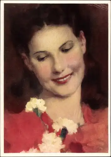 Künstler Ak lächelnde Dame, Portrait, rotes Kleid, Blumen