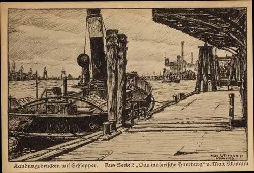 Künstler Ak Ullmann, Max, Hamburg, Landungsbrücke mit Schlepper