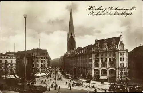 Ak Hamburg Mitte Altstadt, Mönckebergstraße, Kirchturm, Straßenbahnen