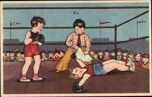 Künstler Ak Boxkampf, Boxer liegt auf dem Boden, K.O.