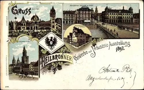 Litho Heilbronn in Baden Württemberg, Gewerbe- und Industrie- Ausstellung 1897, Kilianskirche, Post