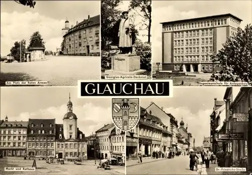 Wappen Ak Glauchau an der Zwickauer Mulde in Sachsen, Dr. Friedrich Engels Straße, Rathaus, Denkmal