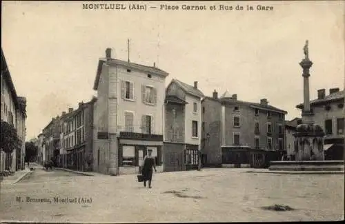 Ak Montluel Ain, Place Carnot et Rue de la Gare, Patisserie Charvat