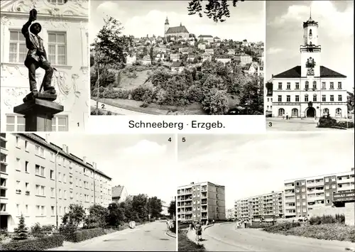 Ak Schneeberg im Erzgebirge, Bergmannsbrunnen, Rathaus, Friedensring, Neubaugebiet am Keilberg