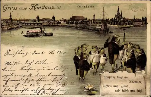 Litho Konstanz am Bodensee, Wasserpartie mit Blick auf die Stadt, Singende Frösche