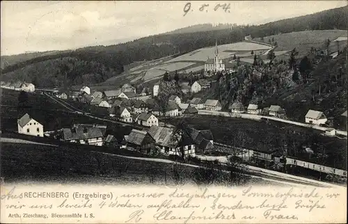 Ak Rechenberg Bienenmühle Erzgebirge, Gesamtansicht des Ortes mit Kirche, Umgebung