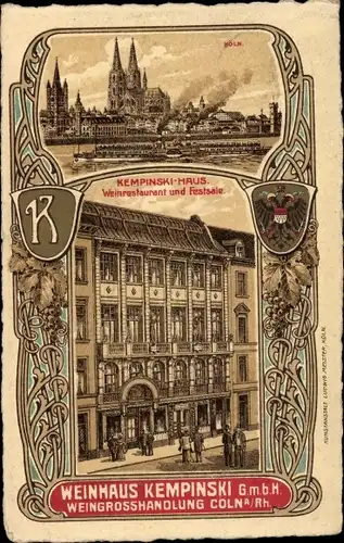 Wappen Litho Köln am Rhein, Kempinski Haus, Weinrestaurant und Festsäle, Dom, Dampfer