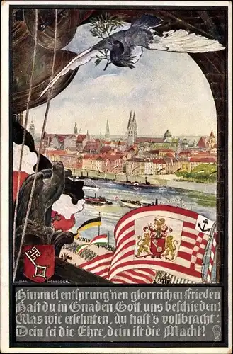 Künstler Wappen Ak Honegger, Max, Hansestadt Bremen, Stadtpanorama, Taube, Adler, Fahne