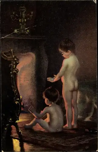 Künstler Ak Peel, Paul, Nach dem Bade, Kinder an einer Feuerstelle
