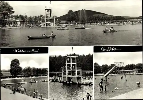 Ak Großschönau im Kreis Görlitz ,Waldstrandbad, Ruderboote, Sprungturm, Wasserrutsche, Becken