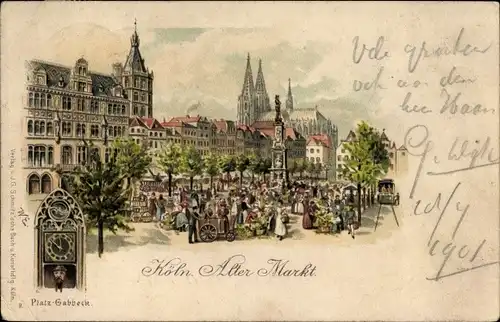 Litho Köln am Rhein, Partie am alten Markt, Marktleben, Uhr, Platz Gabbeck