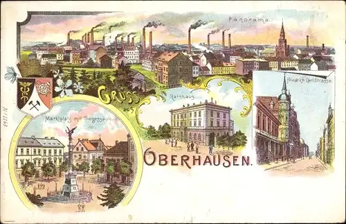 Wappen Litho Oberhausen im Ruhrgebiet, Marktplatz, Siegessäule, Rathaus, Friedrich Karl Straße