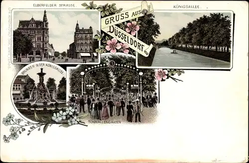 Litho Düsseldorf am Rhein, Elberfelder Str., Königsallee, Tonhallengarten, Brunnen i. d. Königsallee