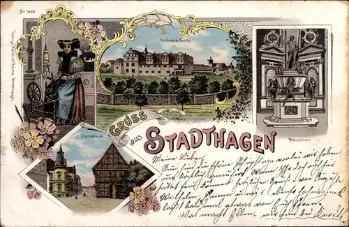 Litho Stadthagen im Kreis Schaumburg, Schaumburger Tracht, Spinnrad, Mausoleum
