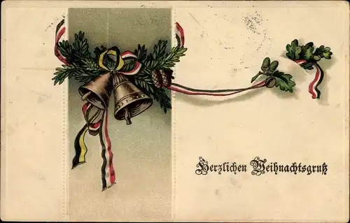 Präge Litho Glückwunsch Weihnachten, Zwei Glocken an Tannenzweigen, Eichenlaub