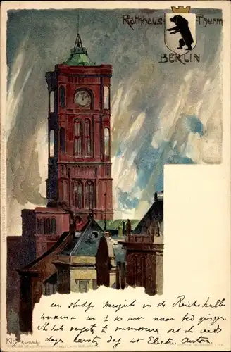 Künstler Litho Kley, Heinrich, Blick auf den Rathausturm, Wappen