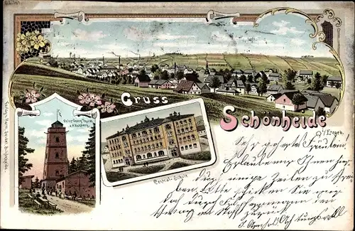 Litho Schönheide im Erzgebirge Sachsen, Totalansicht vom Ort, Prinz Georg Turm,Kuhberg,Zentralschule