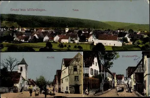 Ak Wilferdingen Remchingen im Enzkreis, Totalansicht von Ort, Kirche, Straßenpartie