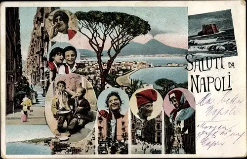 Ak Napoli Neapel Campania, Männer und Frauen in Tracht, Portraits, Spaghetti, Panorama vom Ort