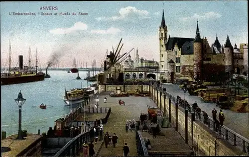 Ak Antwerpen Anvers Flandern, L'Embarcadere, l'Escaut et Musee du Steen