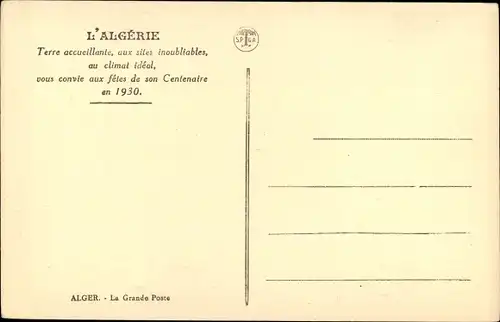 Ak Algier Alger Algerien, La Grande Poste, Centenaire en 1930