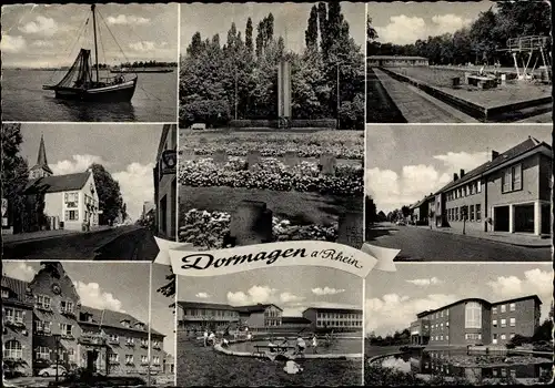 Ak Dormagen Niederrhein, Fischkutter, Denkmal, Freibad, Rathaus, Brunnen