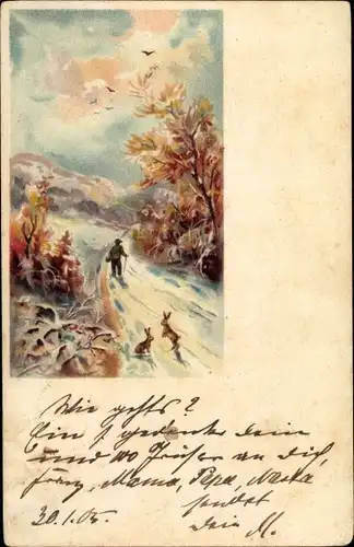 Litho Winterlandschaft, zwei Hasen, Mann