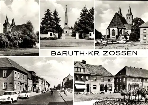 Ak Baruth in der Mark, Blick auf die Kirche, Denkmal, Café, HO Kaufhaus